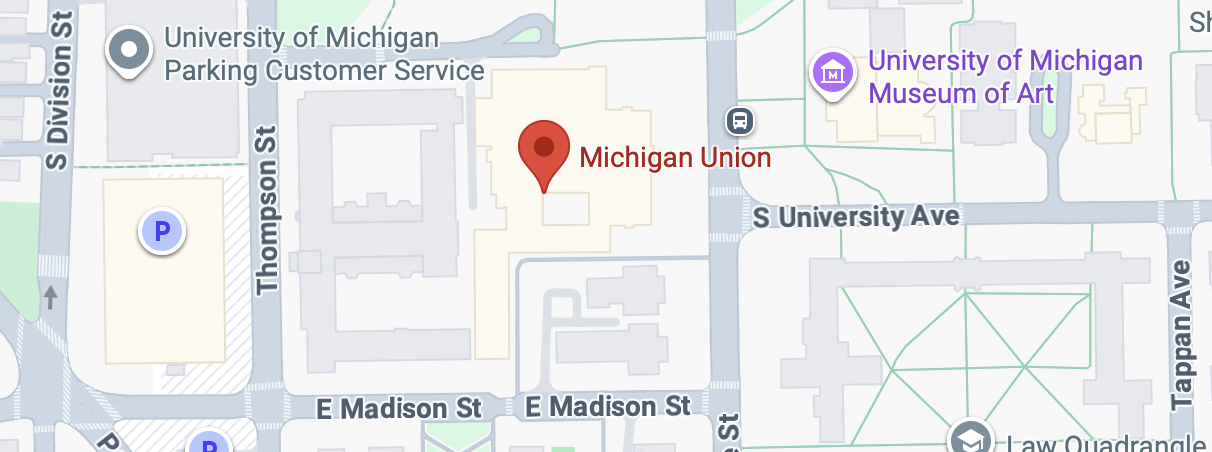 Top down view of a map showing the Michigan Union at the center.